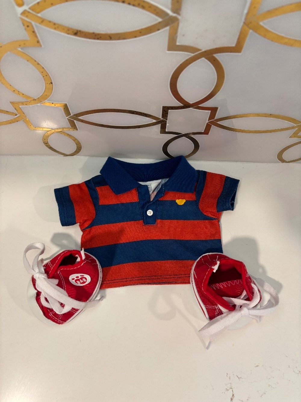 Build-A-Bear red-and-blue striped polo and matching red sneaker set
